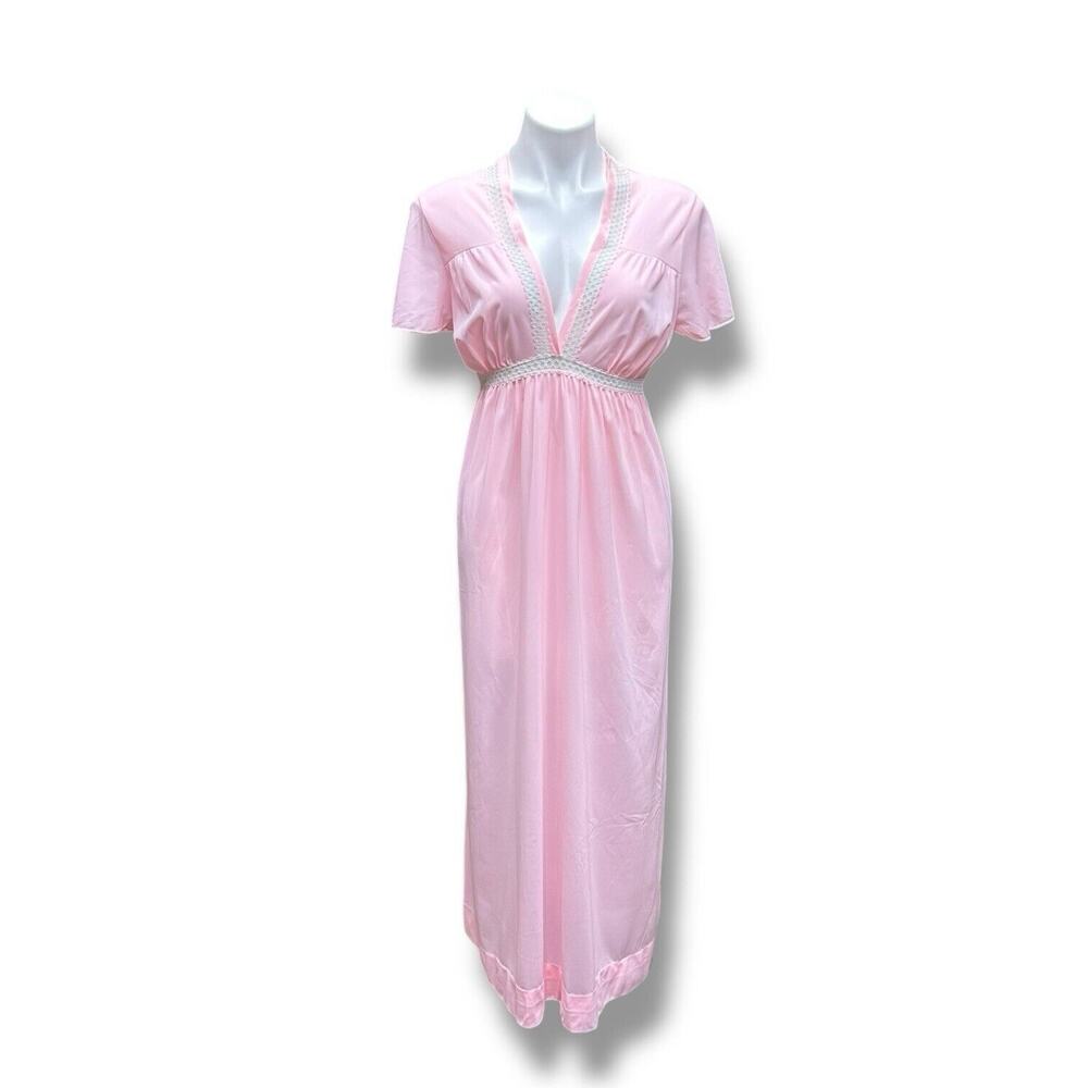 Vintage Rutledge Nightgown Pink Deep V Maxi Coquette Flutter Sleeves Womens Sz L - Picture 13 of 13